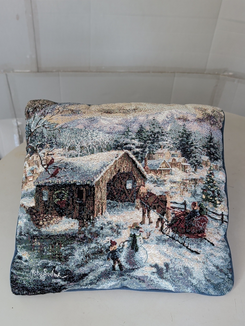 Nicky Boehme Covered Bridge Tapestry Holiday Pillow Horse Drawn SleighBlue Cream